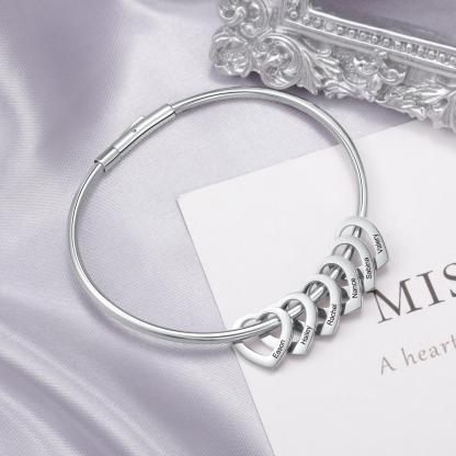 Bangle Bracelet Personalized with 6 Heart Shape Pendant Engraved 6 Names