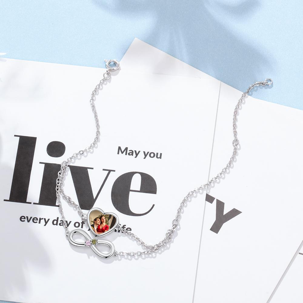 Heart Photo Bracelet Infinity Bracelet with 2 Birthstones Personalized Gift