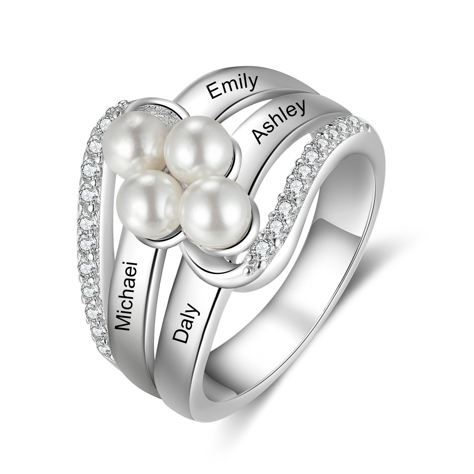 Personalized Pearl Ring Engrave 4 Names Gifts For Her