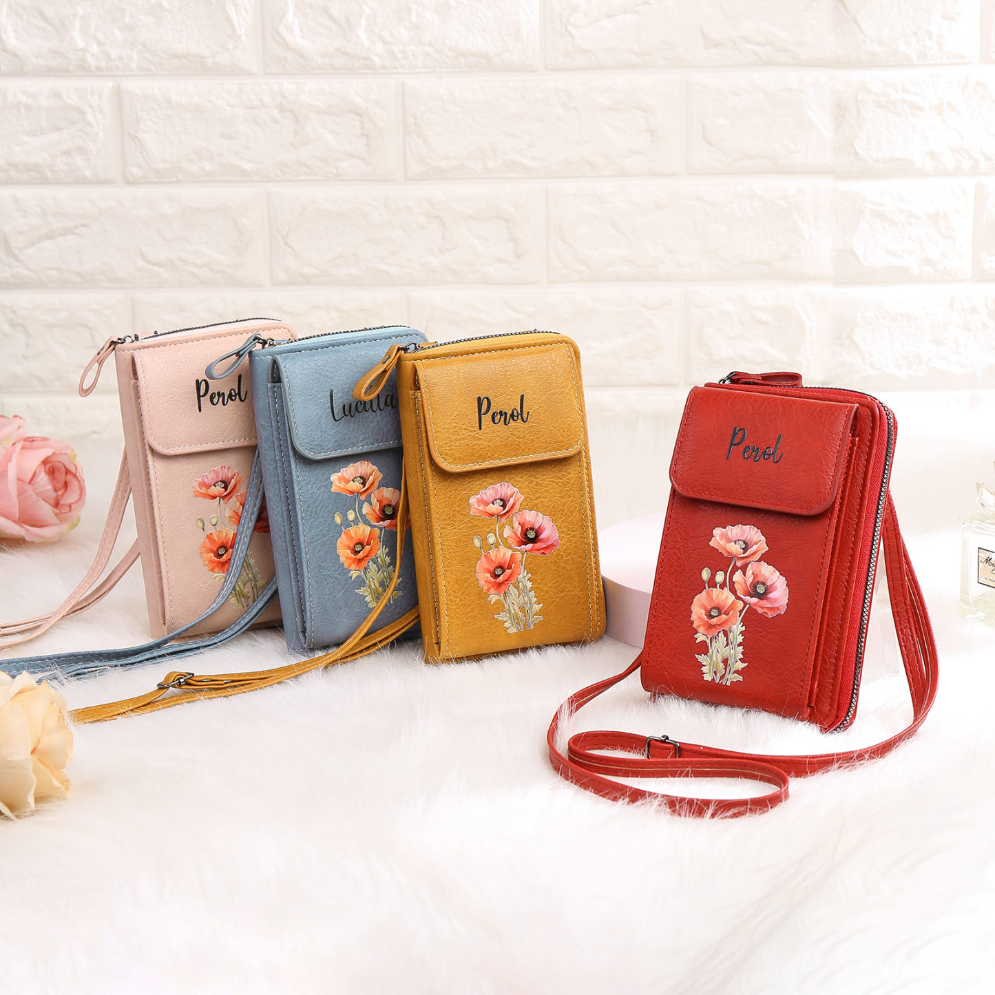 Personalized Women's Leather Wallet Custom Birthday Flower & Name Mobile Phone Wallet Zipper Crossbody Bag