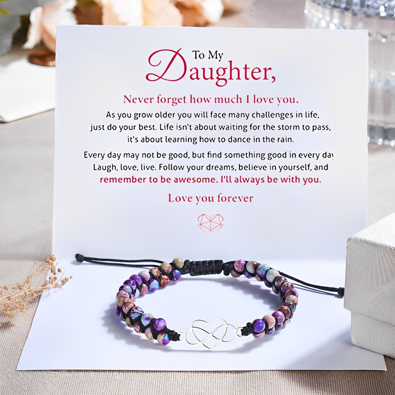 To My Daughter Infinity Heart Bracelet with Message Card Adjustable Bracelet Gift for Her - Never Forget How Much I Love You