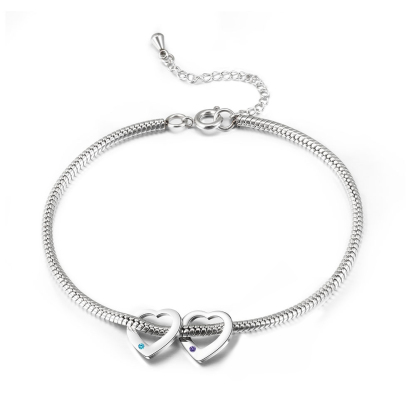 Custom Anklet Engraved 2 Names and Birthstones Heart Shaped Charm Personalized Bracelet for Women