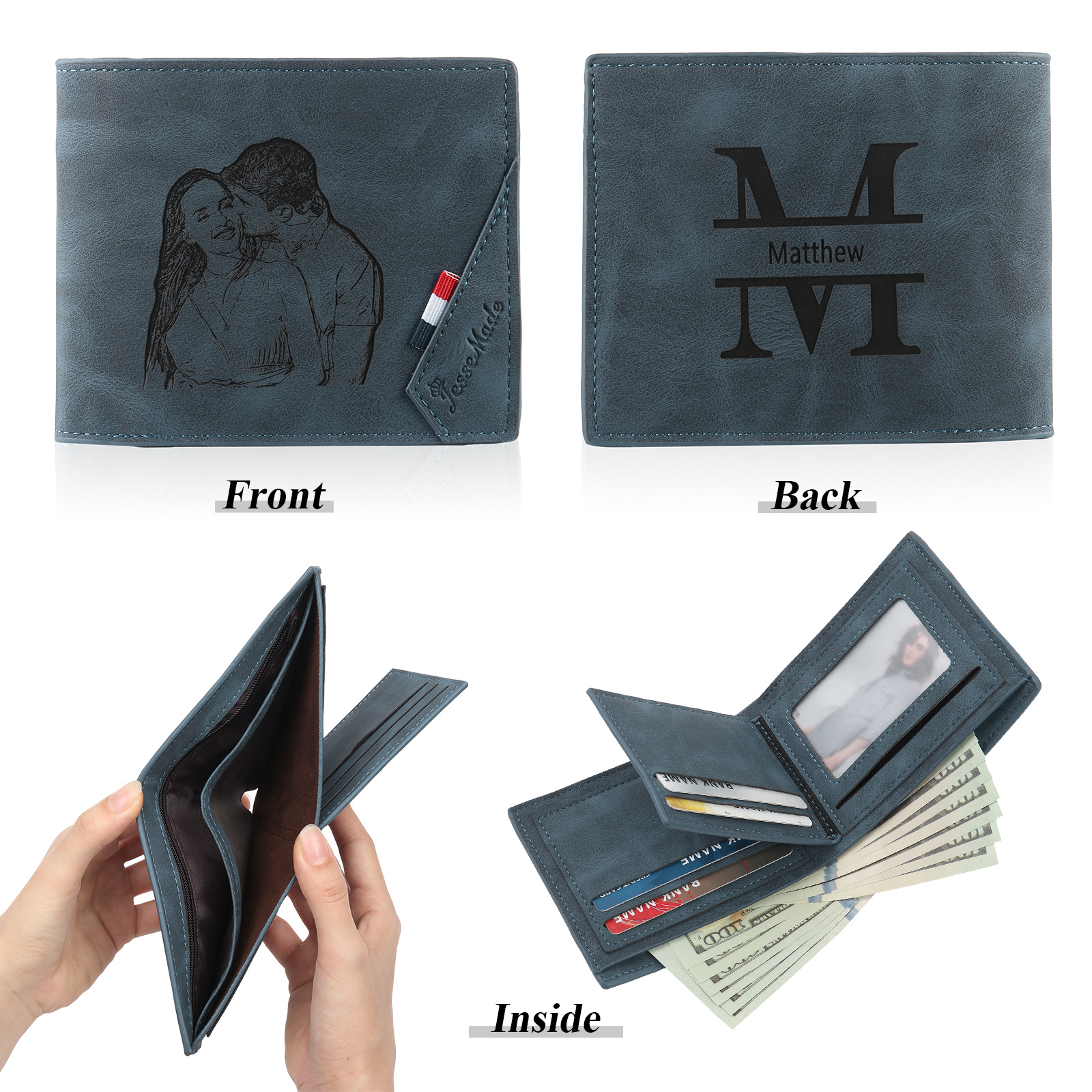 Personalized Photo & Name & Letter Billfold Wallet Monogram Leather Wallet Black Gift for Men