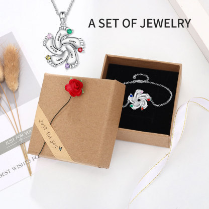 Baby Feet Necklace with 5 Birthstones Engraved 5 Names Family Necklace