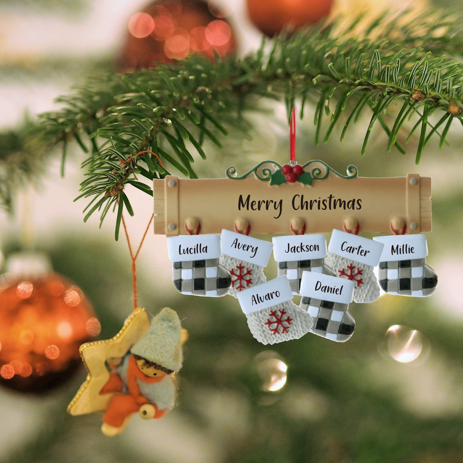 7 Names - Personalized Christmas Stockings Ornaments Customized Name & Text Christmas Decor Wooden Gifts for Family Friends