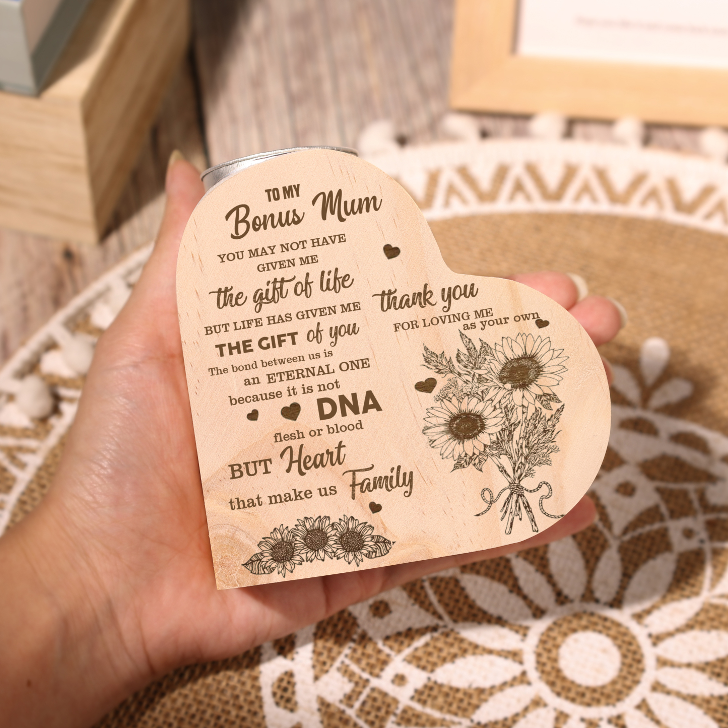 To My Mum - Wooden Heart Candle Holder Flower Candlesticks "Thank you for loving me as your own" Gifts For Mother