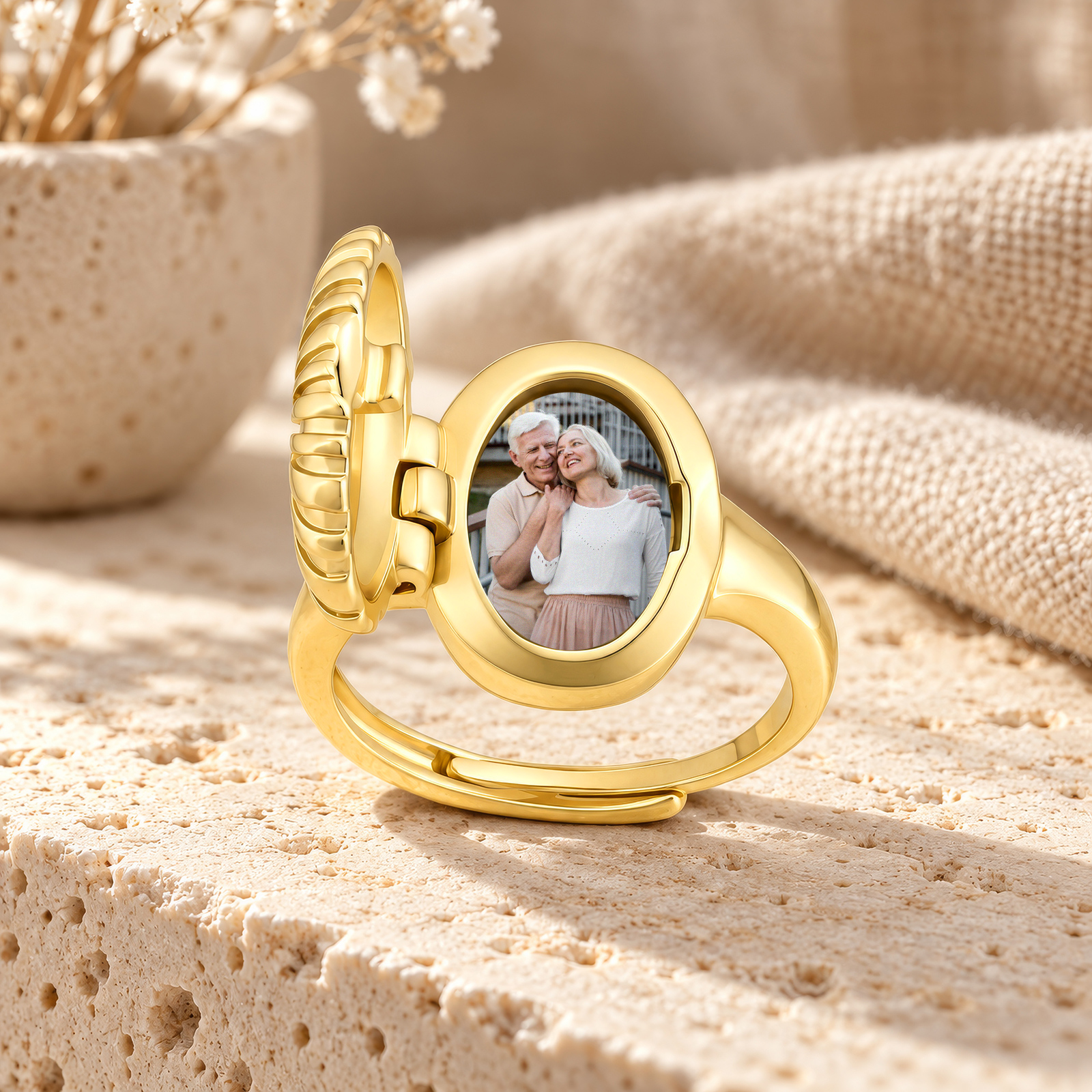 Personalized Adjustable Heart Birthstone Photo Locket Ring for Women