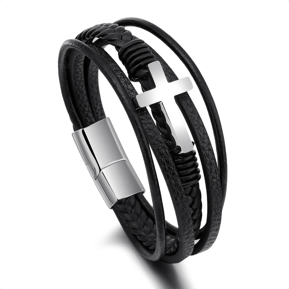 Men Braided Leather Cross Bracelets with Magnetic Clasp Gifts for Him
