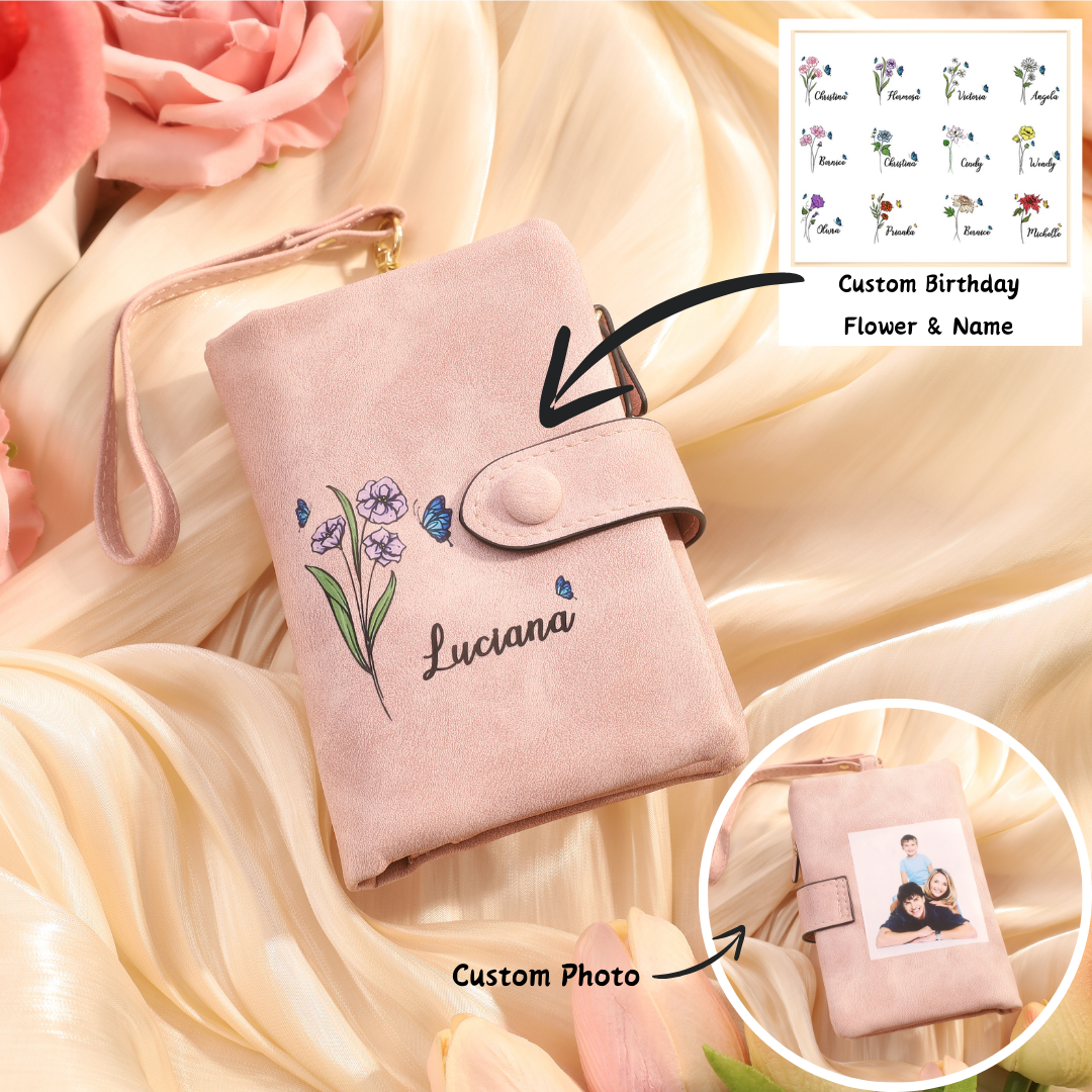 Personalized Women's Leather Wallet Custom Birthday Flower & Name & Photo Wallet Gift for Her