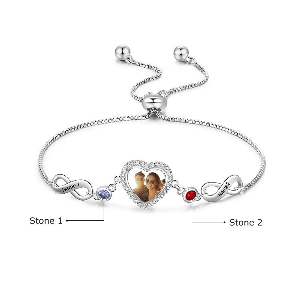 Infinity Love Heart Photo Bracelet with 2 Birthstone 2  Names Personalized Gift