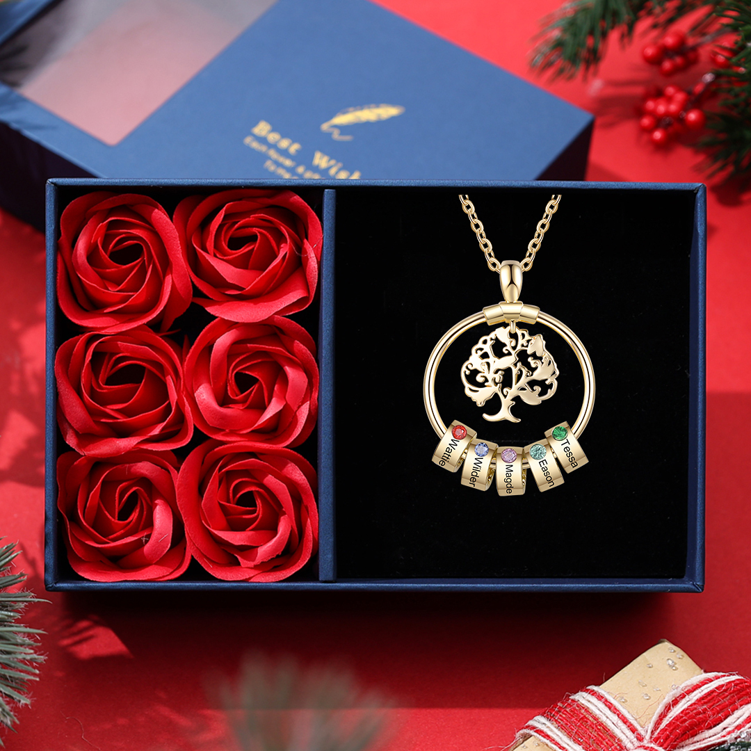 Personalized Family Necklace and Leather Bracelet Set with 5 Birthstones 5 Names Christmas Gift for Loved Ones