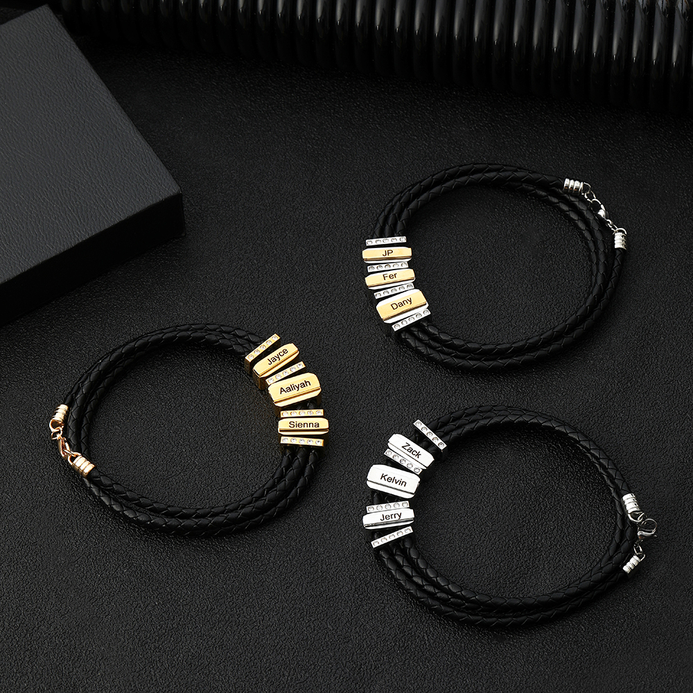 Personalized Mens Leather Bracelet Engraved 3 Names Three Layer Bracelet for Him