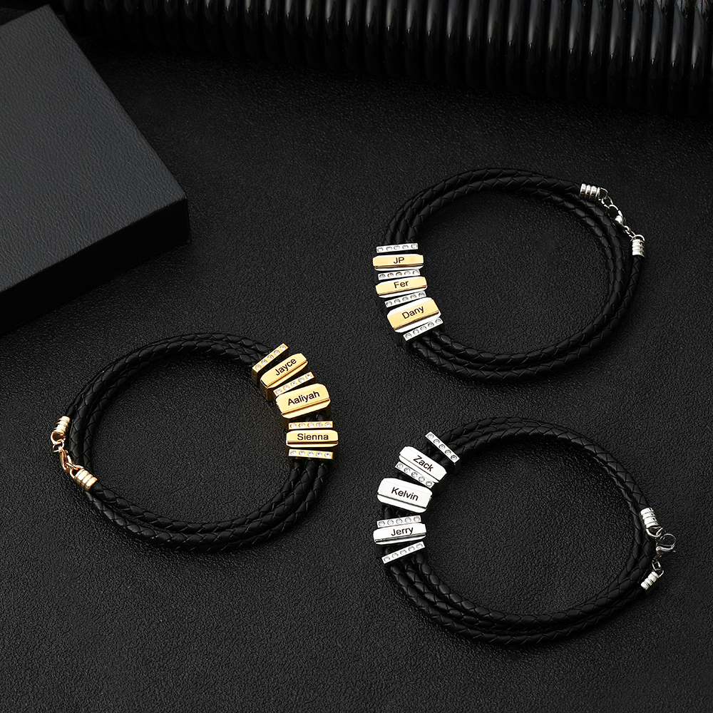 Personalized Mens Leather Bracelet Engraved 3 Names Three Layer Bracelet for Him