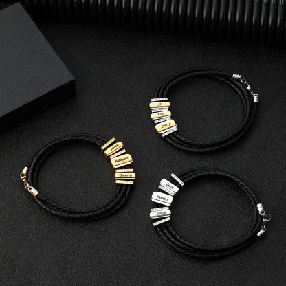 Personalized Mens Leather Bracelet Engraved 3 Names Three Layer Bracelet for Him