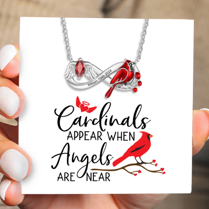Personalized Cardinal Bird Necklace with Angel Wing 1 Birthstone & Name Comes with Card and Gift Box