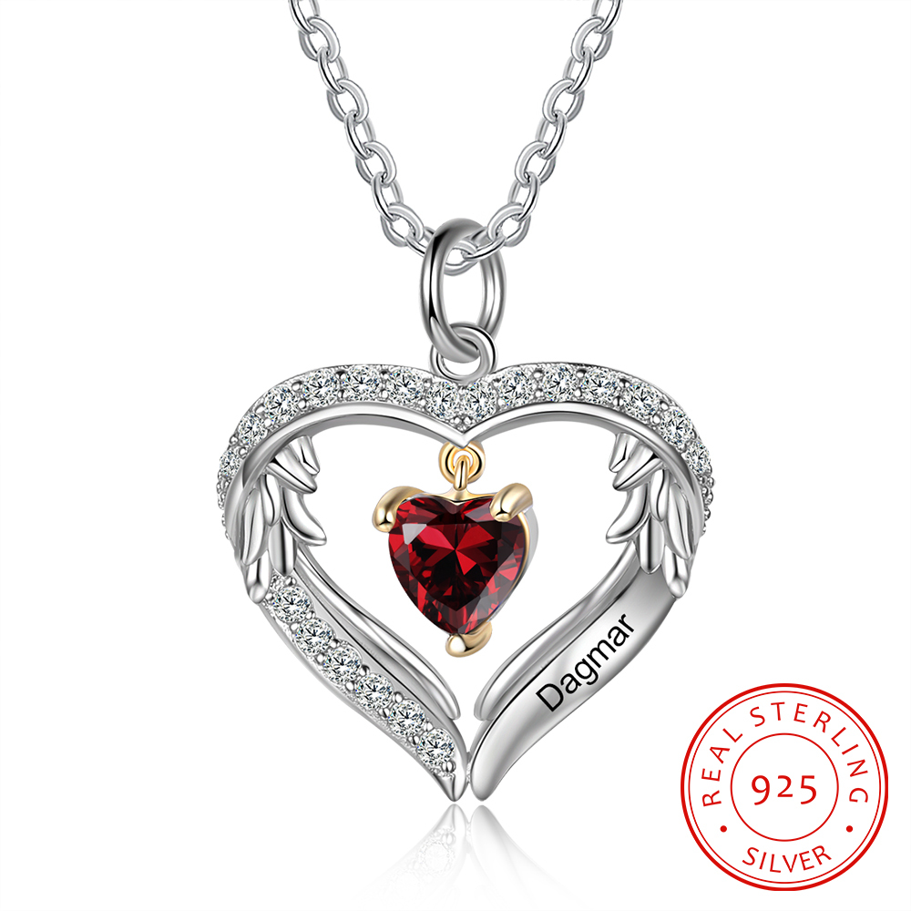 Personalized Diamond Heart Necklace with 1 Birthstone Wings Necklace