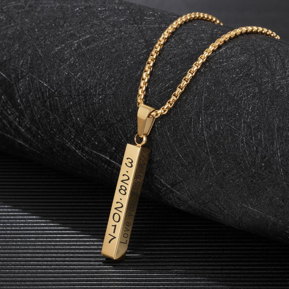 Men Vertical Bar Necklace Engraved 4 Side Personalized 3D Bar Necklace Gold