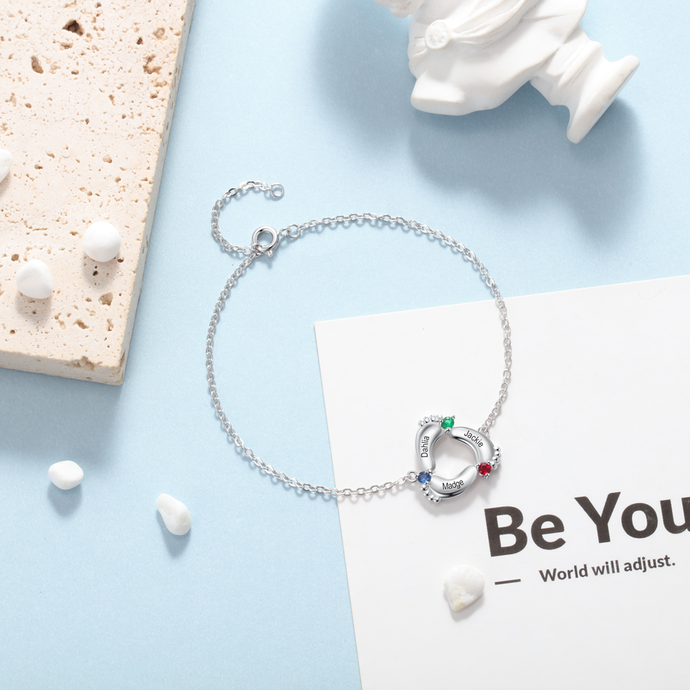 Baby Feet Pendant Bracelet with 3 Birthstones Engraved 3 Names