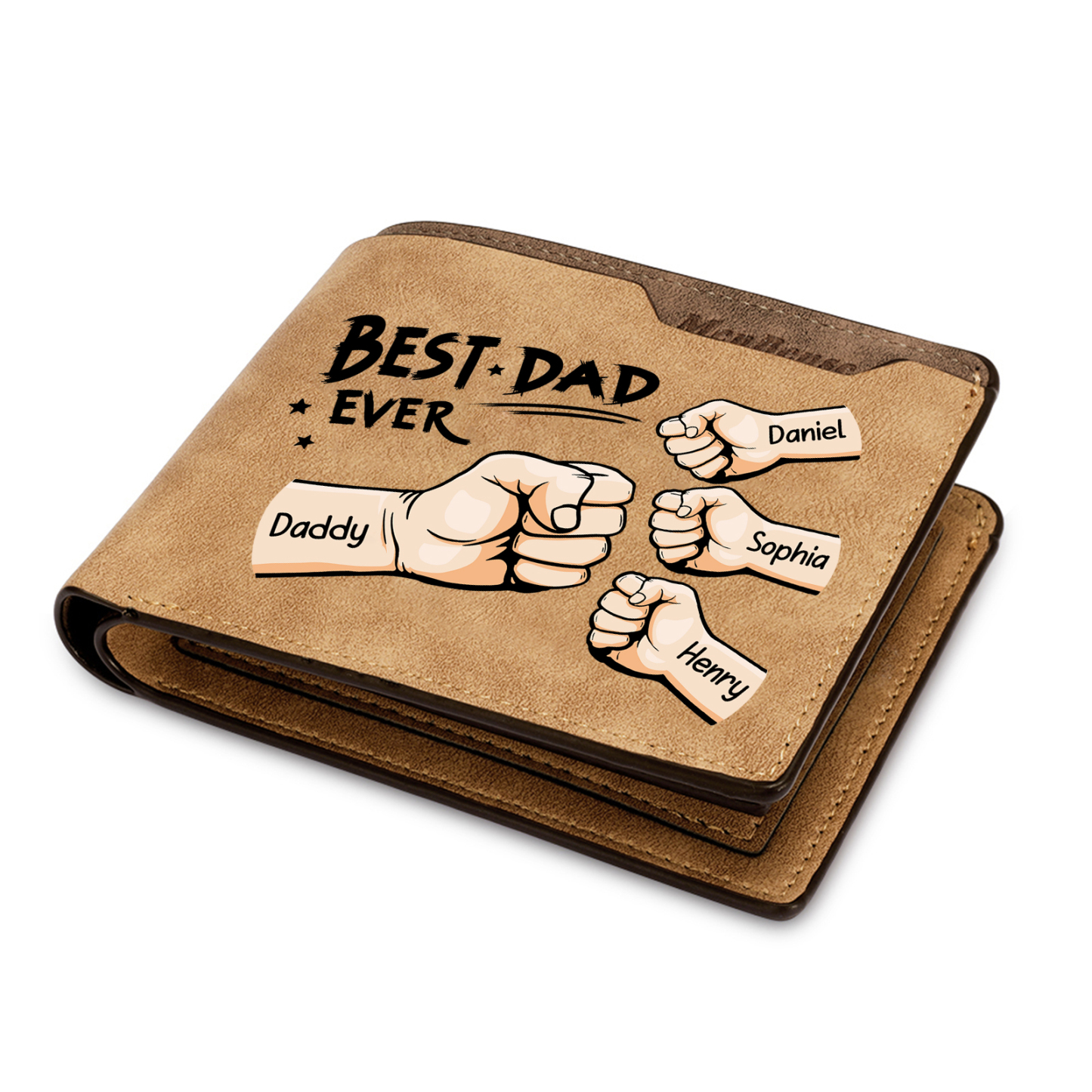 Best Dad Ever - Custom 4 Names & 1 Text Billfold Wallet Personalized Fist Bump Men's Leather Wallet-Lorajewel