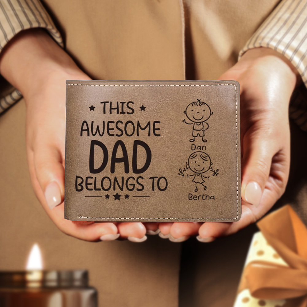1 Photo & 2 Names Personalized Wallet Handcrafted in the USA-Custom Men's Leather Folding Wallet "This Awesome Dad Belongs To" Father's Day Gifts