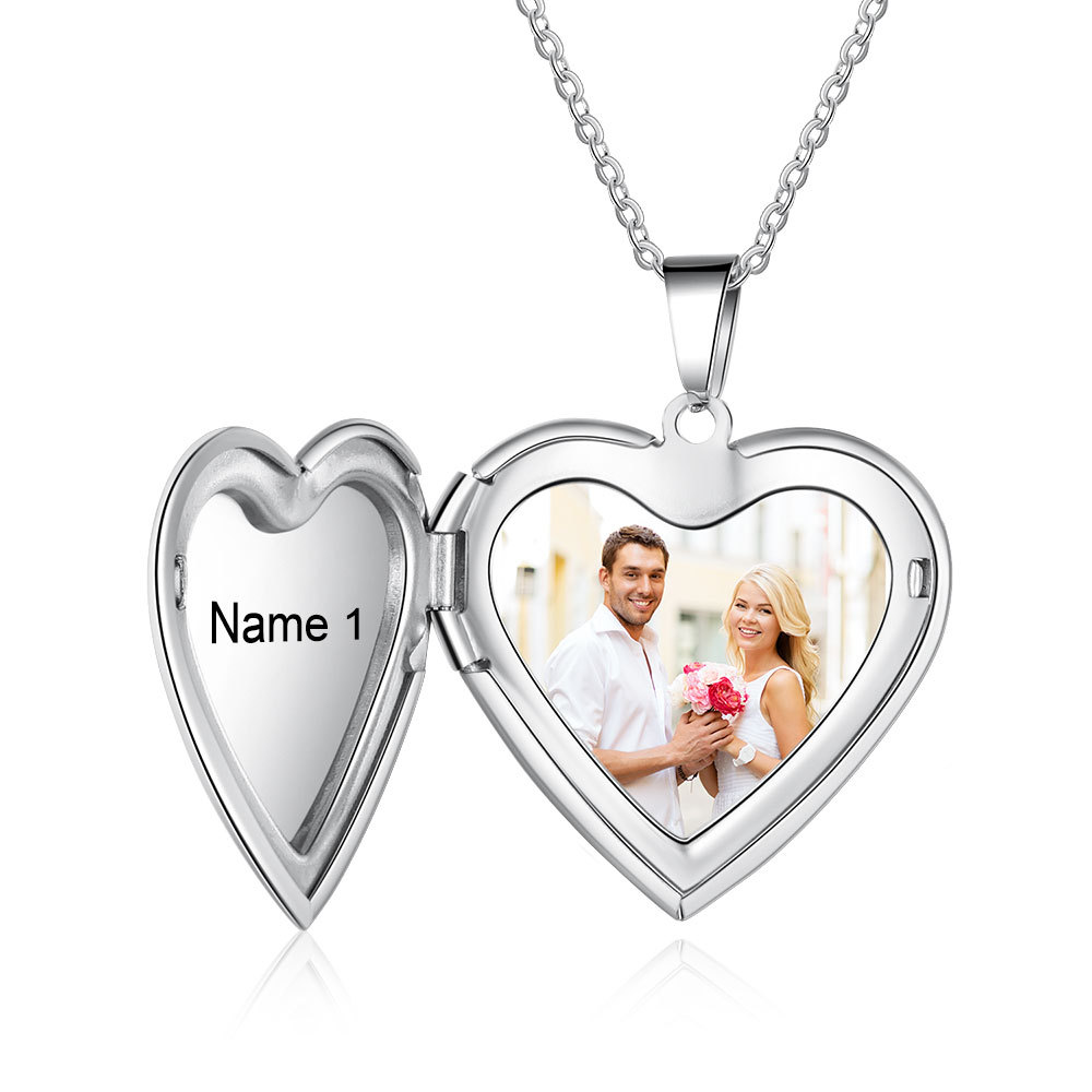 Heart Photo Locket Necklace with Engraving Heart Pendant Personalized Gift for Her