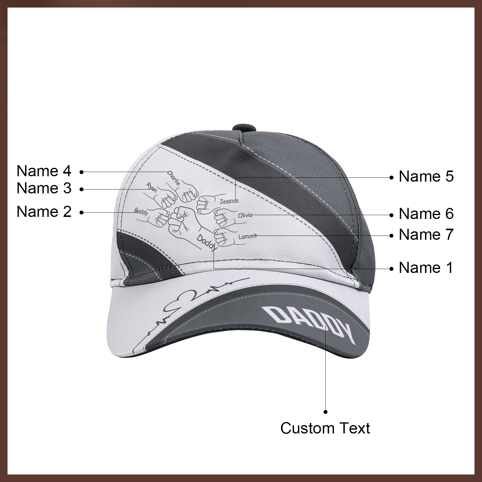 Personalized Fist Bump Classical Baseball Cap Custom 7 Names & 1 Text Snapback Adjustable Gift for Dad/Grandpa/Husband