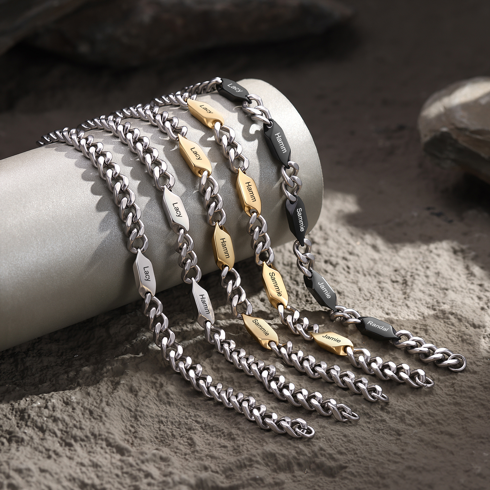 Personalized Men’s Stainless Steel Curb Chain Bracelet with 1–5 Engraved Names – Unique Gift for Dad, Husband, or Family