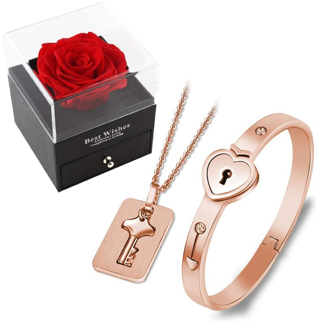 Key to My Heart Couple Key Necklace and Love Lock Bracelet Set