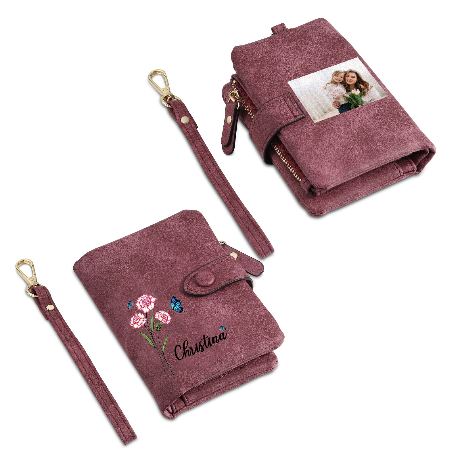 Personalized Women's Leather Wallet Custom Birthday Flower & Name & Photo Wallet Gift for Her