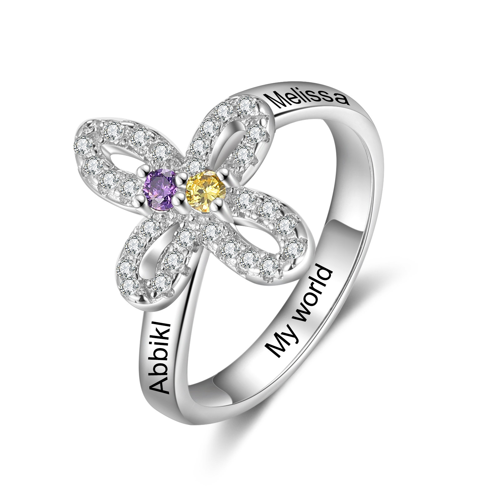 Custom Four-Leaf Ring Custom Name and Birthstone Ring