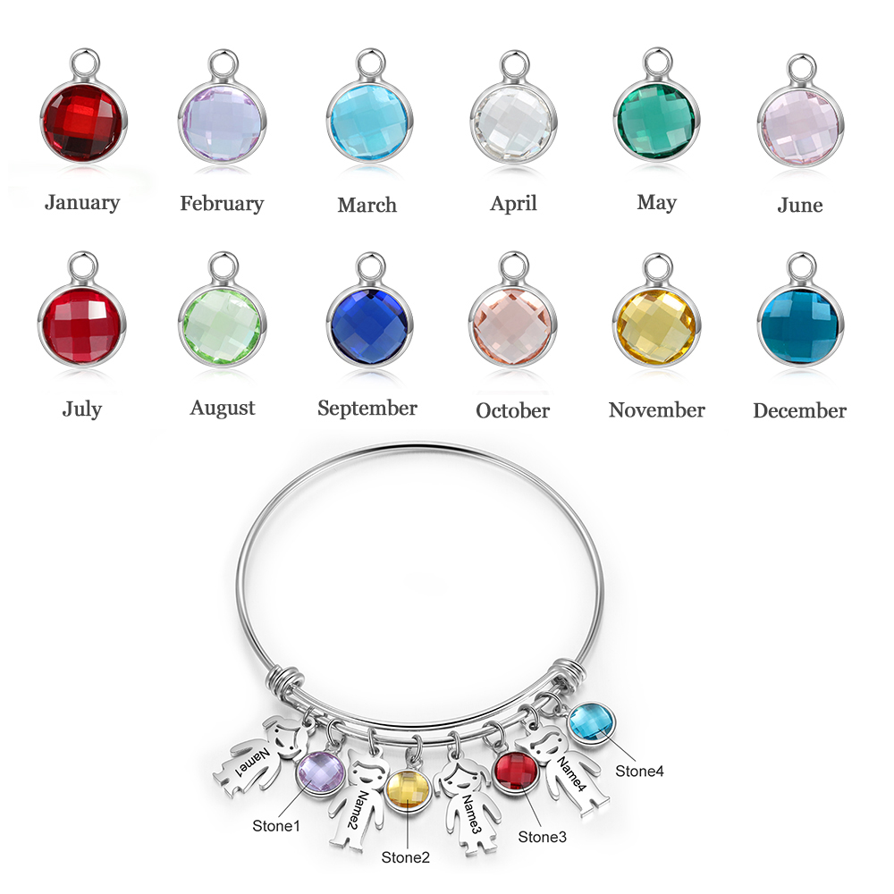 Bangle Bracelet with Kids Charms Persoanlized with 4 Birthstone Custom Bracelets Rose Box Set