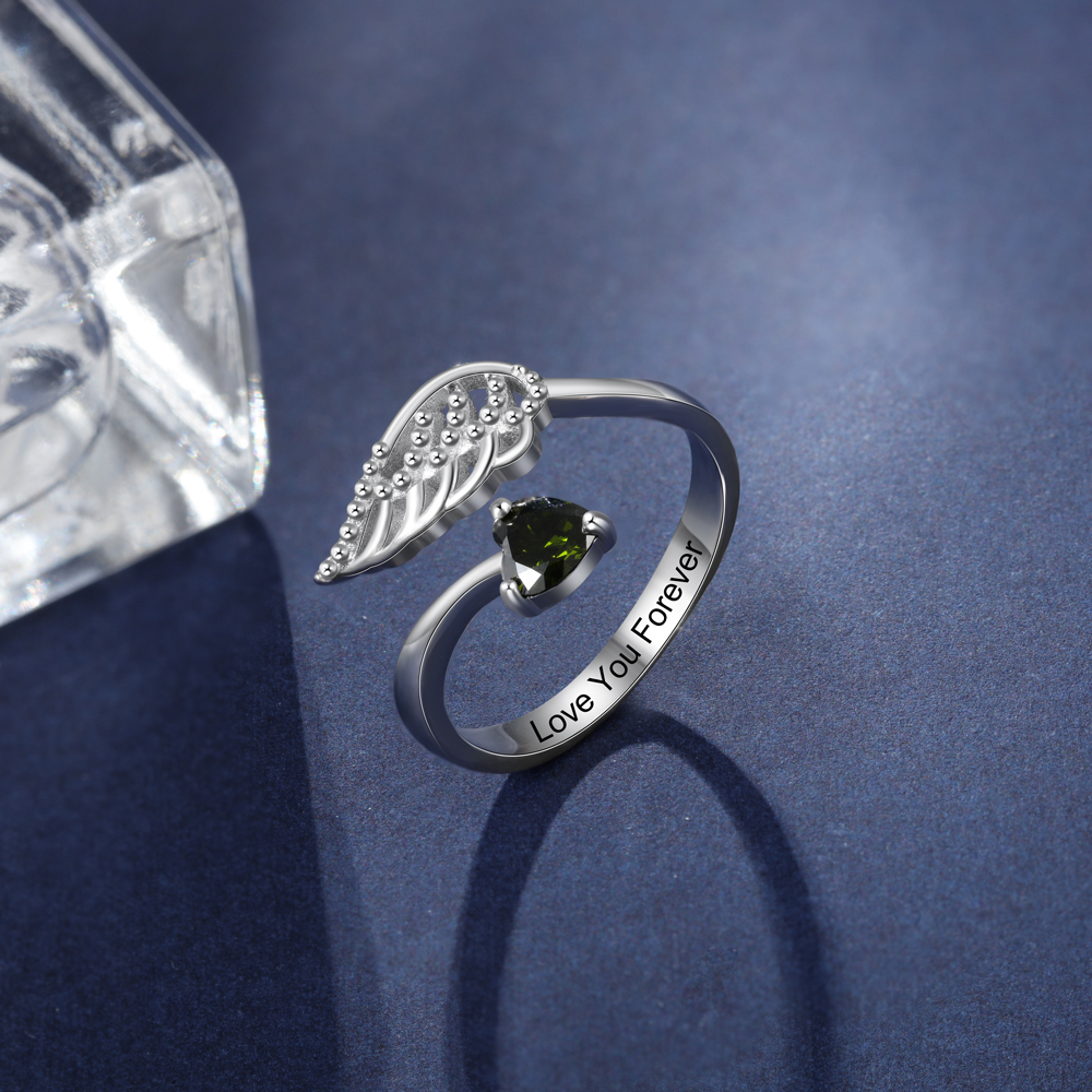 Personalized Angel Wing Ring with 1 Birthstone Open Ring