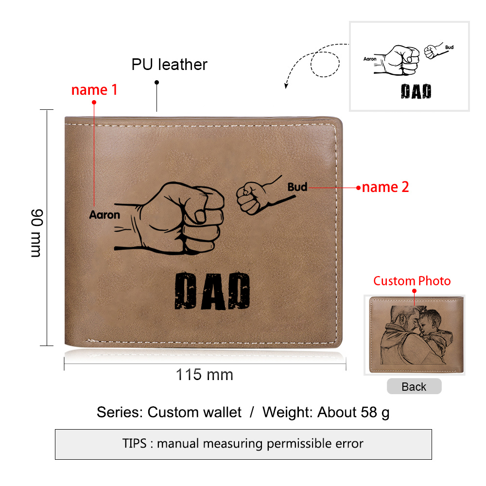 Personalized 2 Names Men Leather Wallet Handcrafted in the USA-Custom Photo & Name Folding Wallet Fist Bump Wallet Gift for Dad