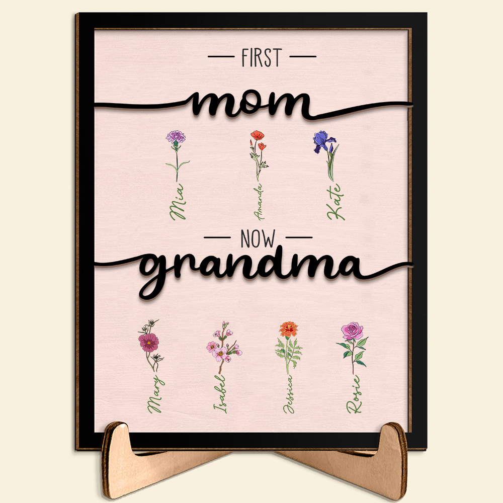 Personalized Birth Flowers Wooden Plaque Custom 2–10 Names Desktop Decor With Stand Gifts for Grandma/Mother