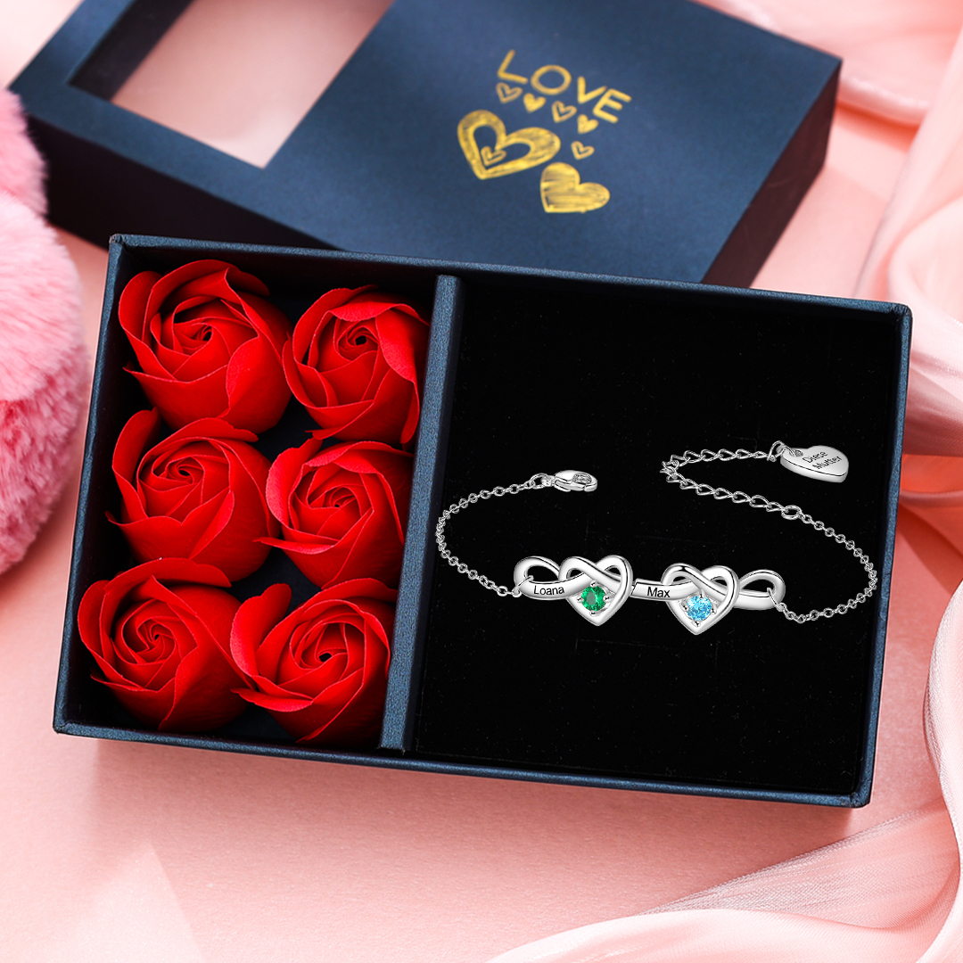 2 Names - Personalized Linked Heart Bracelet Custom 2 Birthstones Engraved Text Bracelets