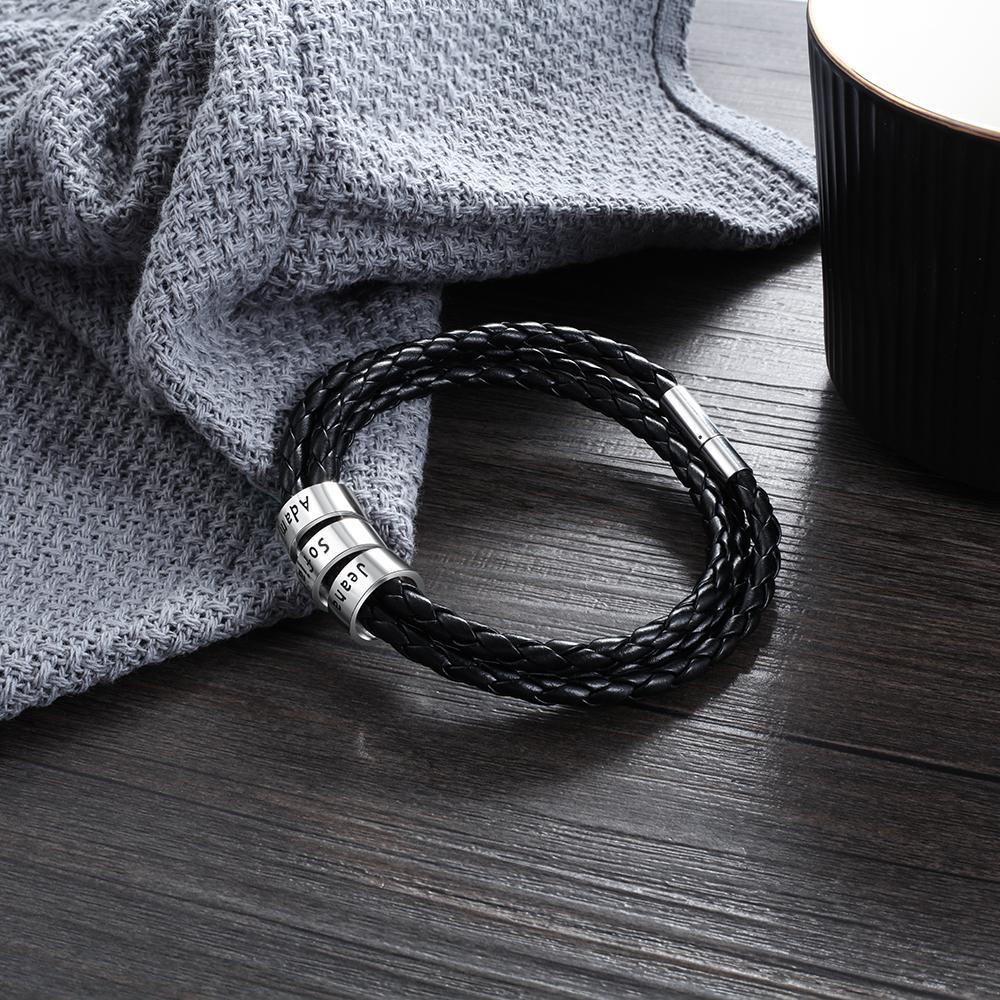 Personalized Mens Leather Braided Bracelet Custom 3 Names Multi-Layer Bracelet Black Gift For Him