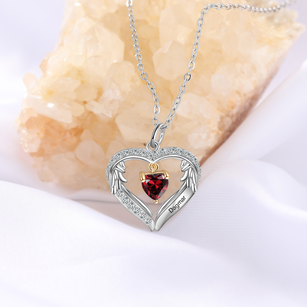 Personalized Diamond Heart Necklace with 1 Birthstone Wings Necklace