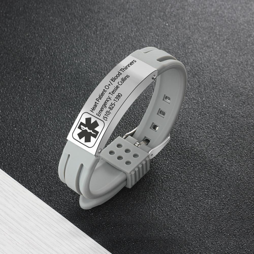Engraved Medical Alert Bracelet Adjustable Silicone Waterproof Bracelet Women Men Personalized Emergency ID Wristband Multii Color