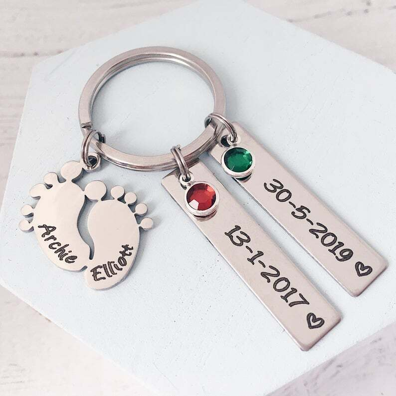 1 Name - Personalized Baby Feet Keychain Customized Birthstone & Name & Text Keyring Gifts for Mother