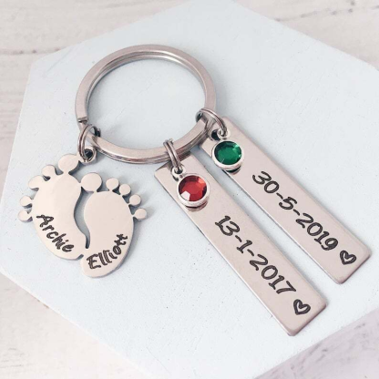 1 Name - Personalized Baby Feet Keychain Customized Birthstone & Name & Text Keyring Gifts for Mother