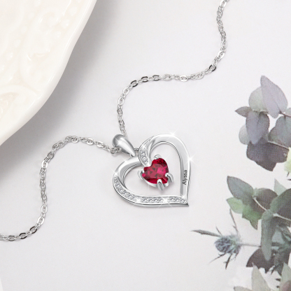 Custom Heart Ruby Necklace with Name & Birthstone 