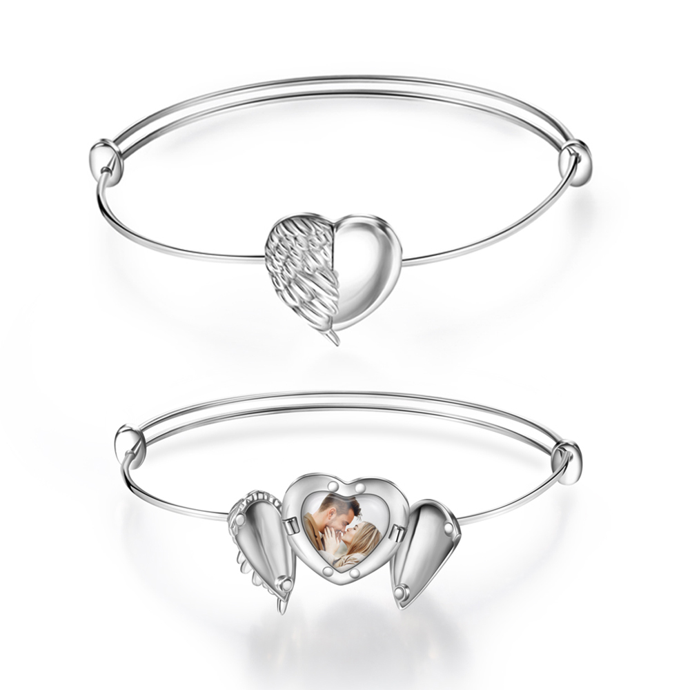 Custom Heart Photo Bracelet Custom Angel Wing Locket Bracelet for Family