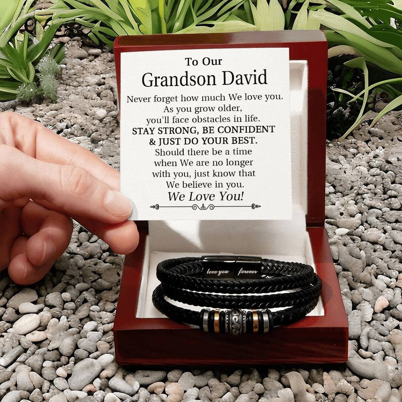 To Our Grandson Bracelet Personalized Text Message Card Braided Leather Bracelet Gift for Son - Never Forget How Much We Love You