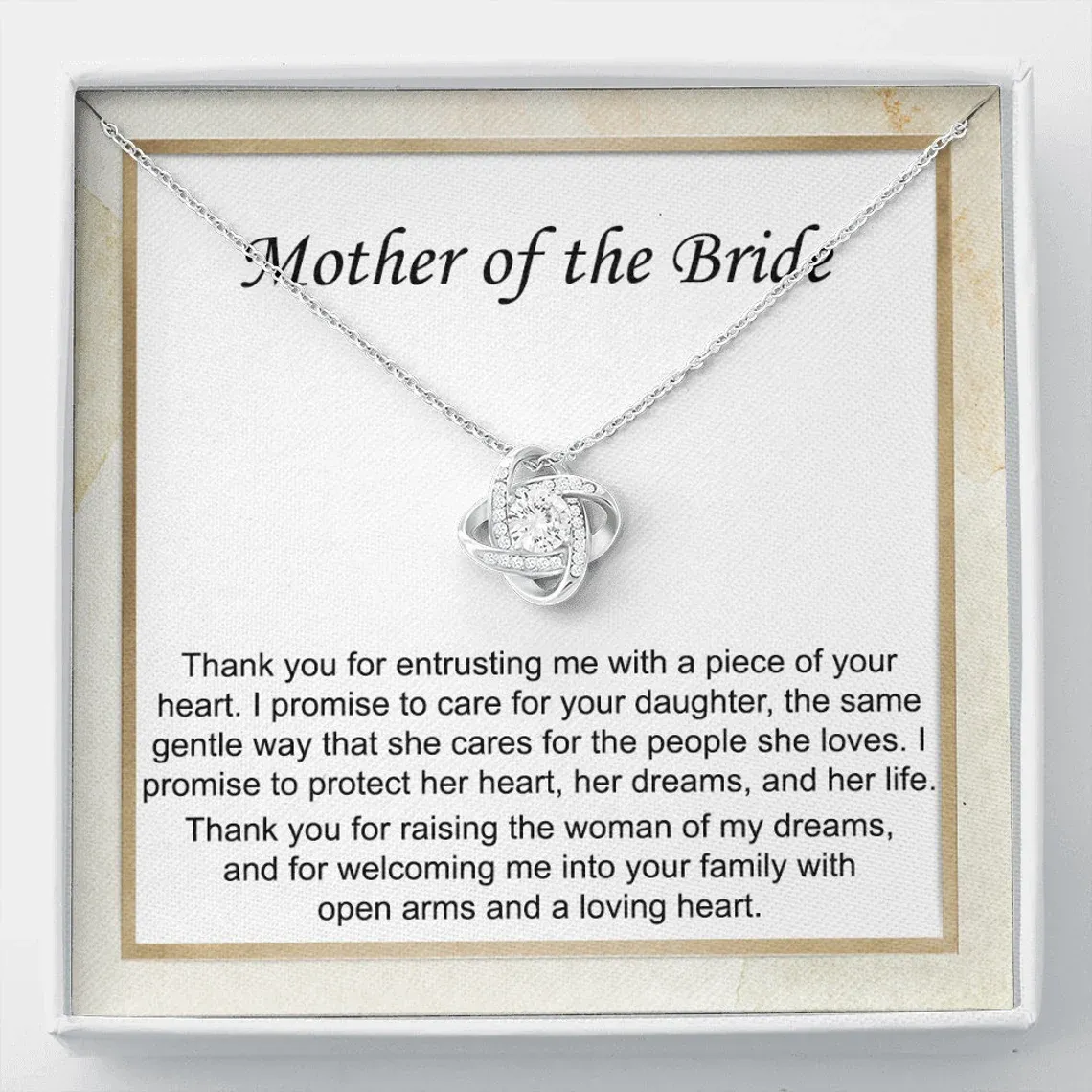 To Mother of Bride - S925 Love Knot Necklace "I Promise To Protect Her Heart" Wedding Gifts From Groom