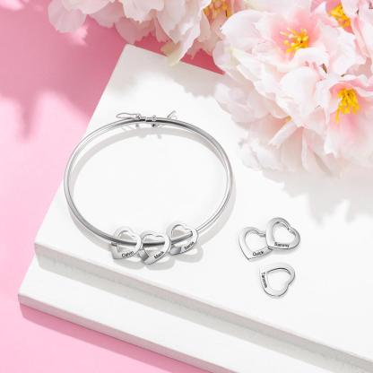 Bangle Bracelet Personalized with 6 Heart Shape Pendant Engraved 6 Names