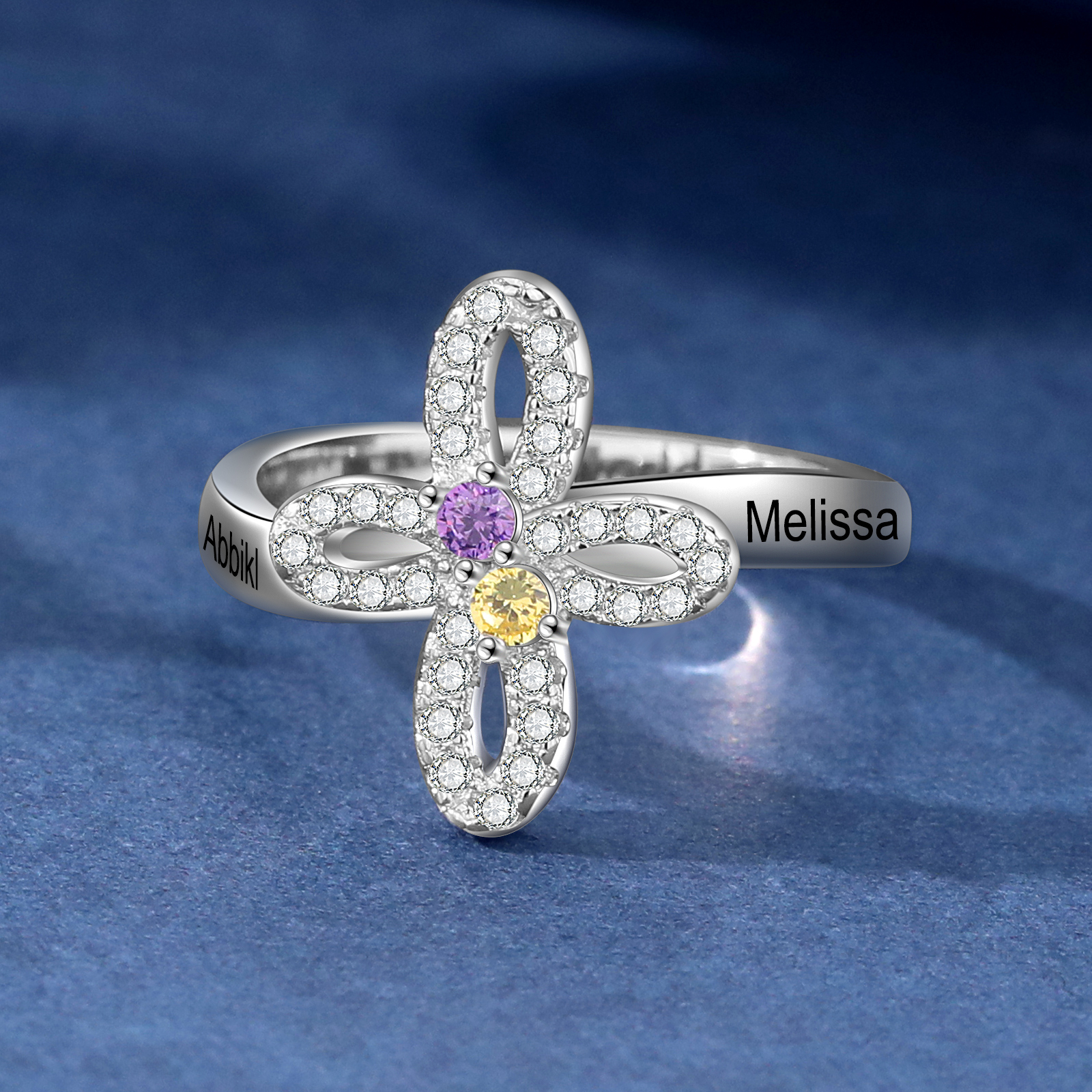 Custom Four-Leaf Ring Custom Name and Birthstone Ring