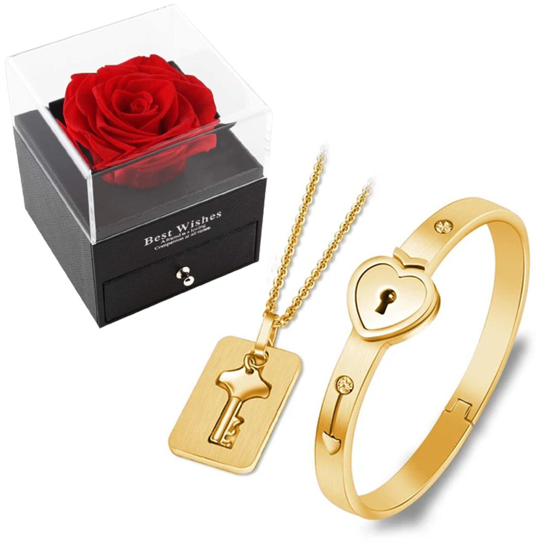 Key to My Heart Couple Key Necklace and Love Lock Bracelet Set