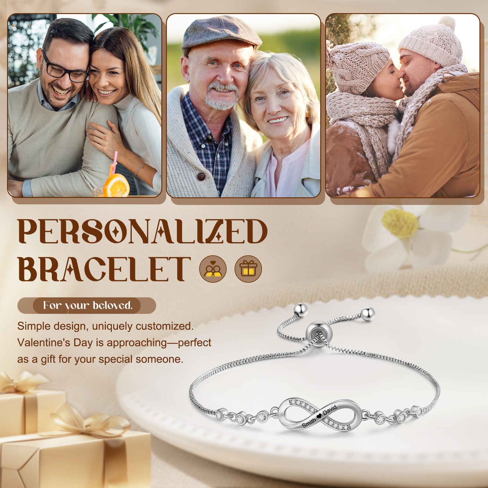 Personalized Infinity CZ & Leather Couples Bracelet