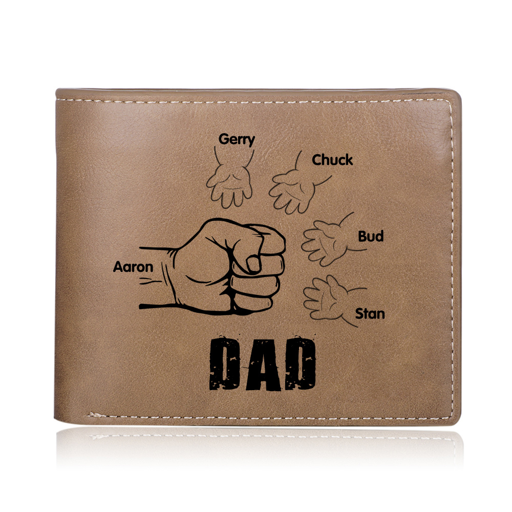 Personalized 5 Names Men Leather Handcrafted in the USA-Custom Wallet Engraved Names Brown Wallet Fist Bump Folding Wallet Gift For Dad