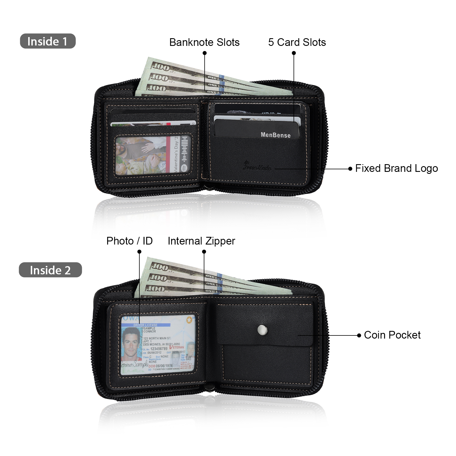 Personalized Photo & Name & Letter Billfold Wallet Monogram Leather Wallet Zipper Wallet Gift for Men